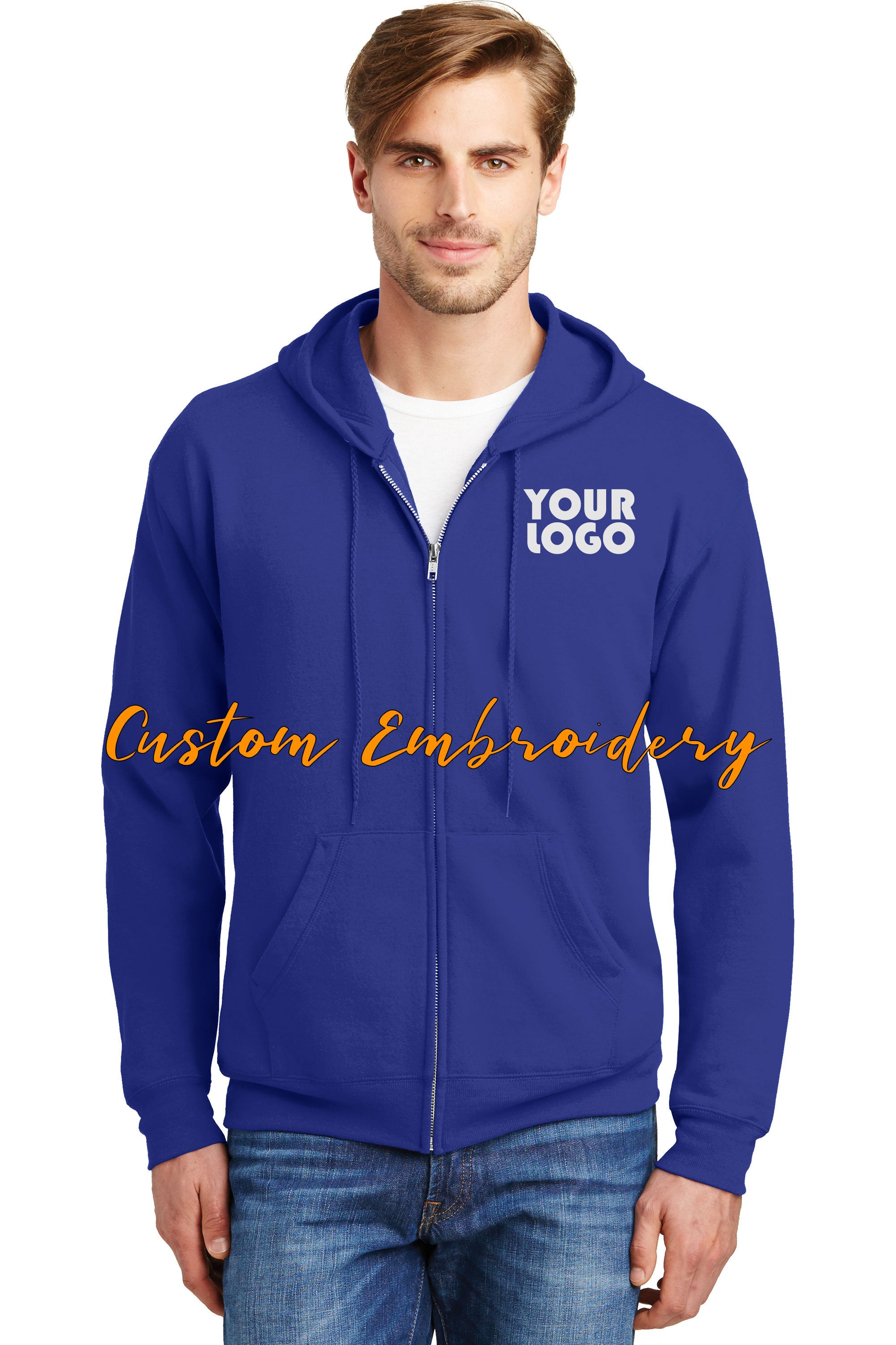 Custom Embroidered Hanes - EcoSmart Full-Zip Hooded Sweatshirt -Personalize with your Logo - 4in x 4in Embroidery Included