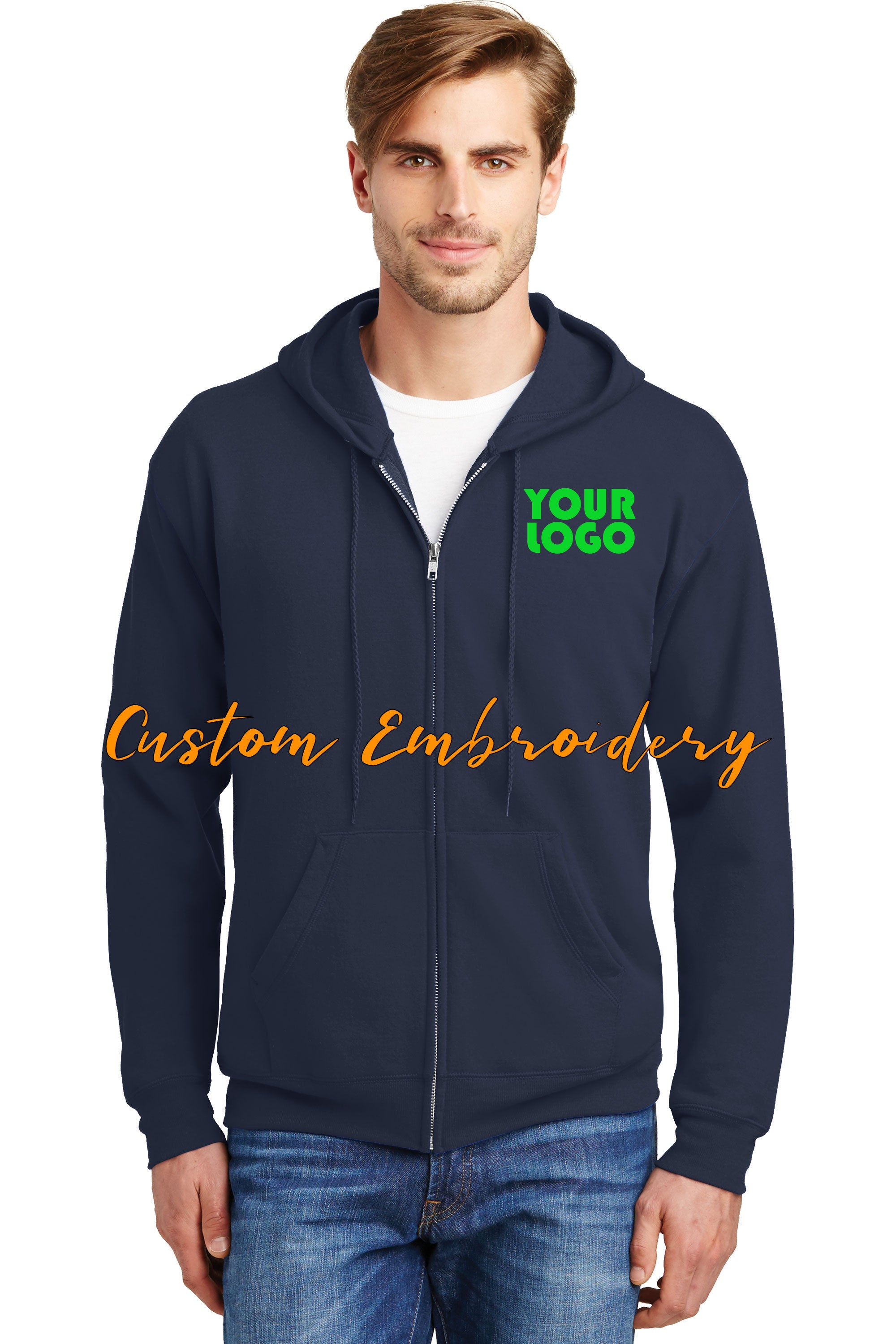 Custom Embroidered Hanes - EcoSmart Full-Zip Hooded Sweatshirt -Personalize with your Logo - 4in x 4in Embroidery Included