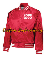 Custom Embroidered Satin Baseball Jacket Striped Trim - Bomber Jacket with 4in x 4in Embroidery Included - No Setup