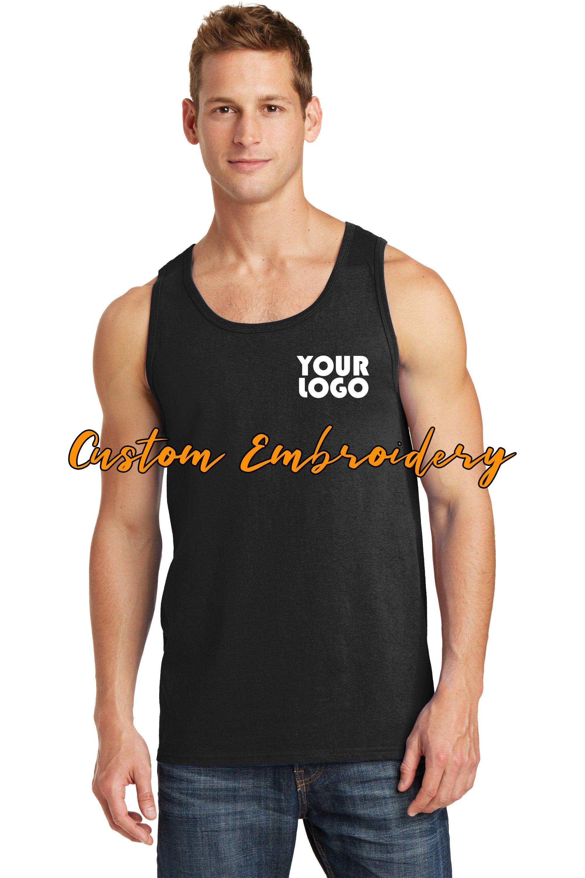 Custom Embroidery on Core Cotton Tank Top - Includes one 4in x 4in Embroidery- No Setup - Personalized Tank Top