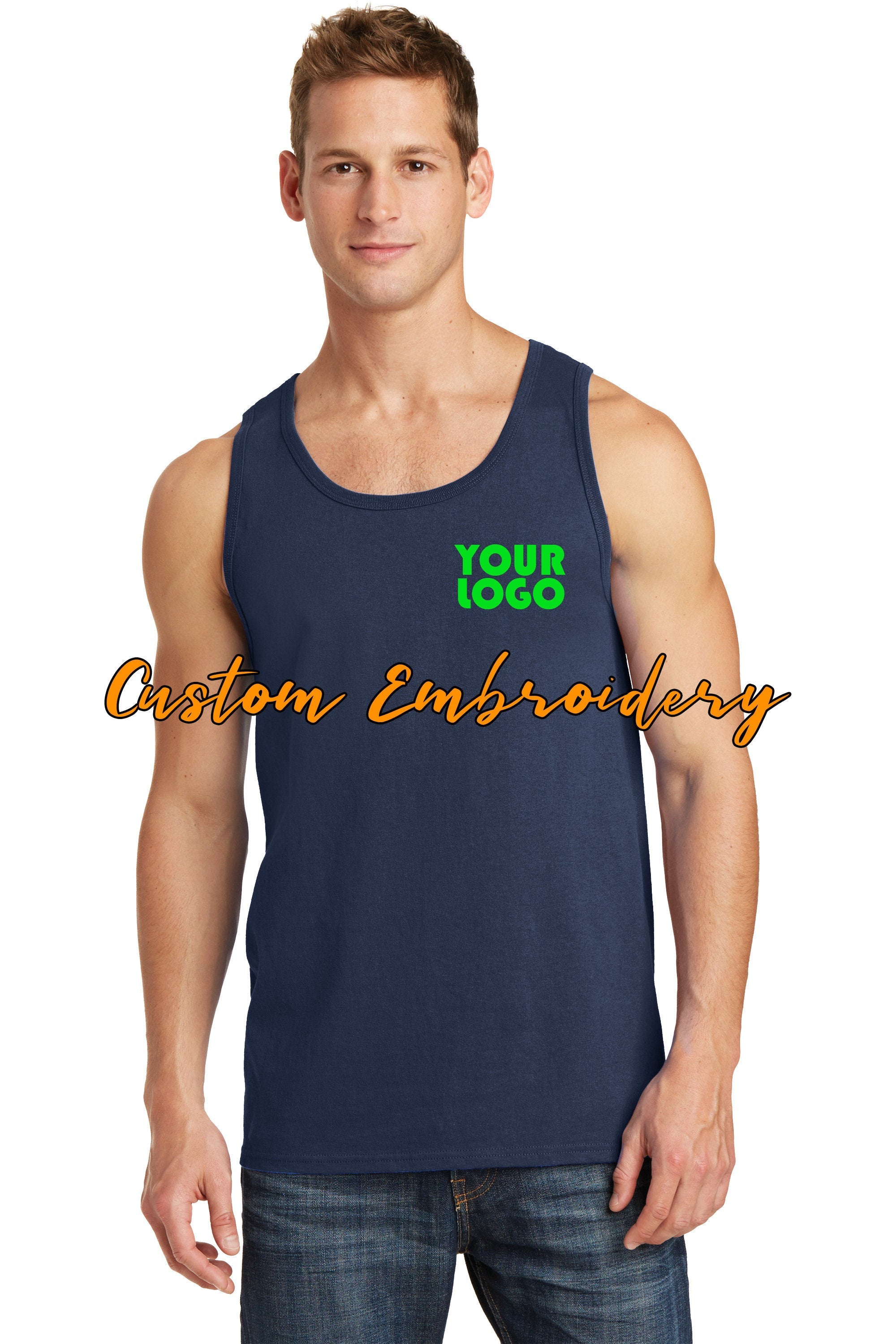 Custom Embroidery on Core Cotton Tank Top - Includes one 4in x 4in Embroidery- No Setup - Personalized Tank Top