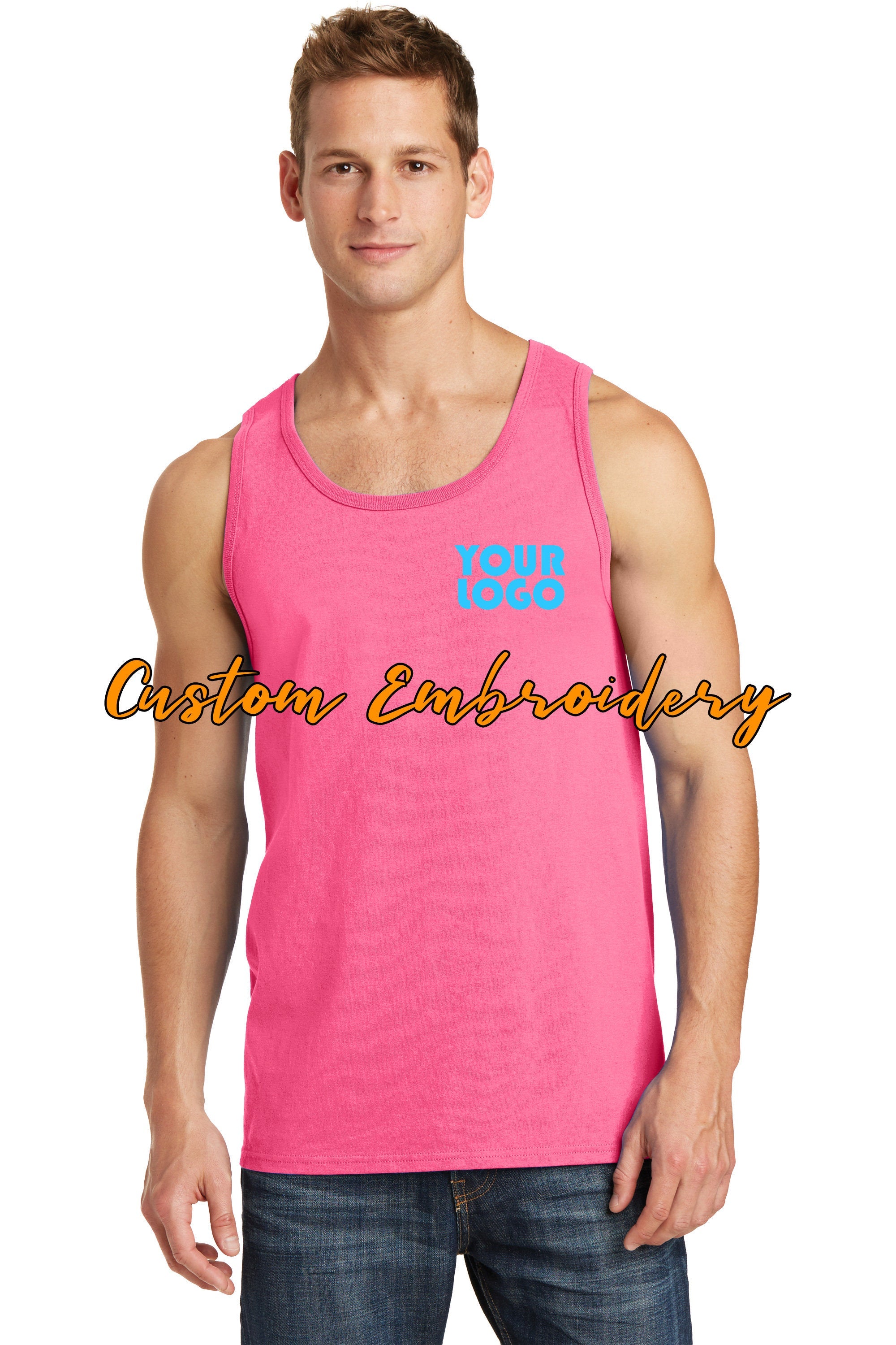 Custom Embroidery on Core Cotton Tank Top - Includes one 4in x 4in Embroidery- No Setup - Personalized Tank Top