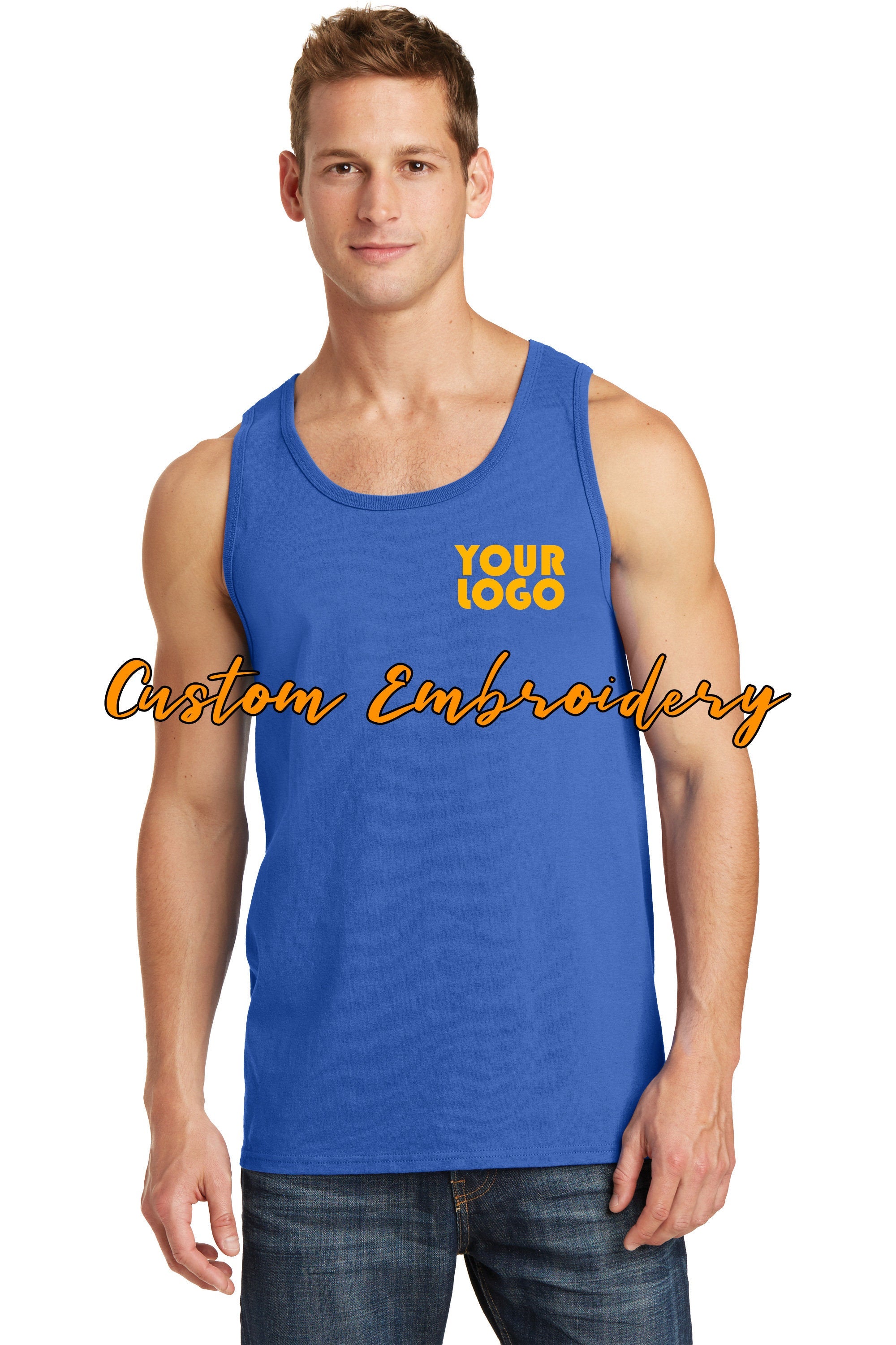 Custom Embroidery on Core Cotton Tank Top - Includes one 4in x 4in Embroidery- No Setup - Personalized Tank Top