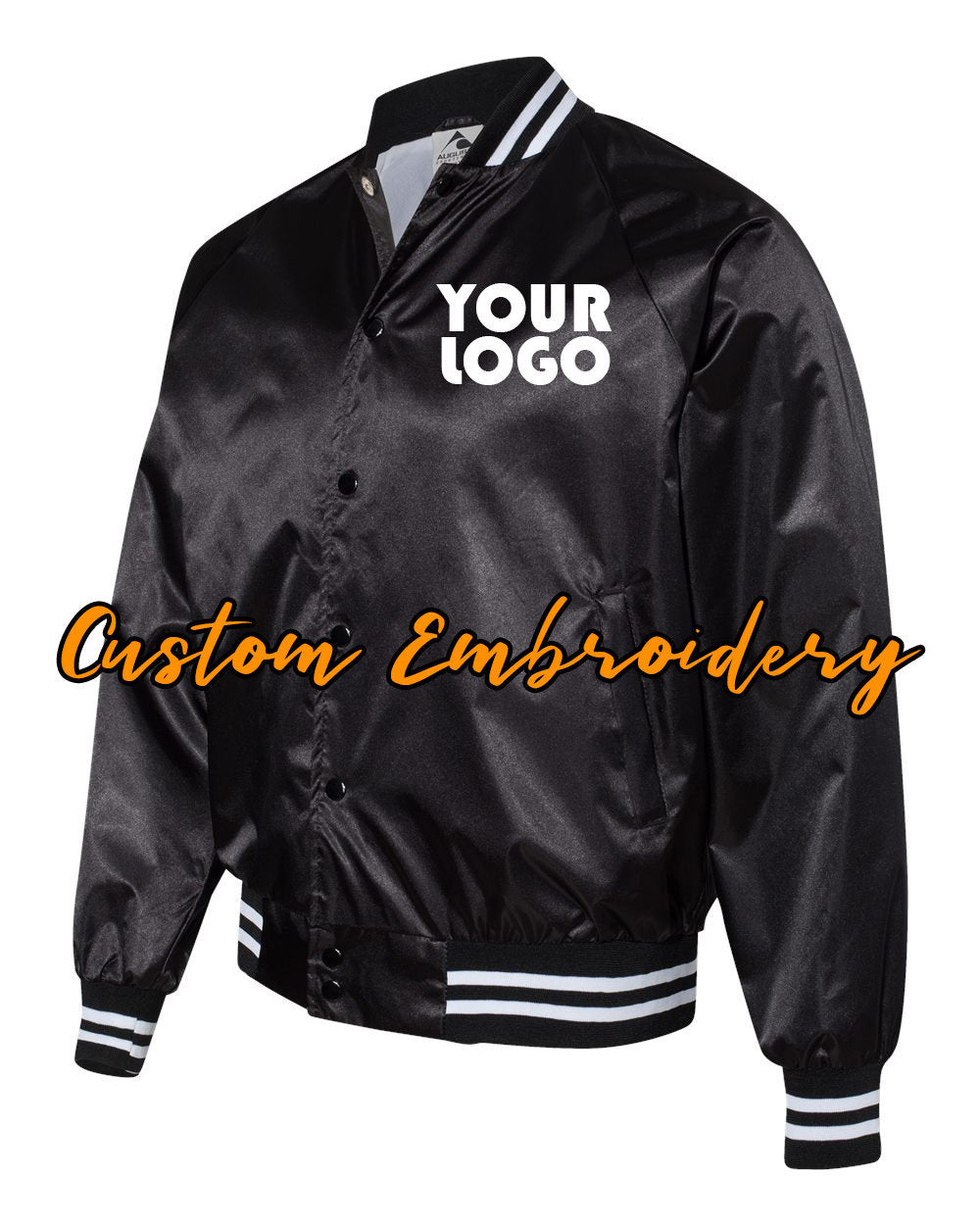Custom Embroidered Satin Baseball Jacket Striped Trim Bomber Jacket