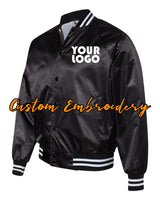 Custom Embroidered Satin Baseball Jacket Striped Trim - Bomber Jacket with 4in x 4in Embroidery Included - No Setup