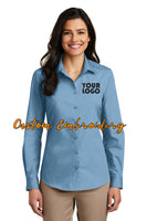 Custom Embroidery on Ladies Long Sleeve Carefree Poplin Button-Up Shirt - Includes 4in x 4in Embroidery - No Setup - Personalize Shirt