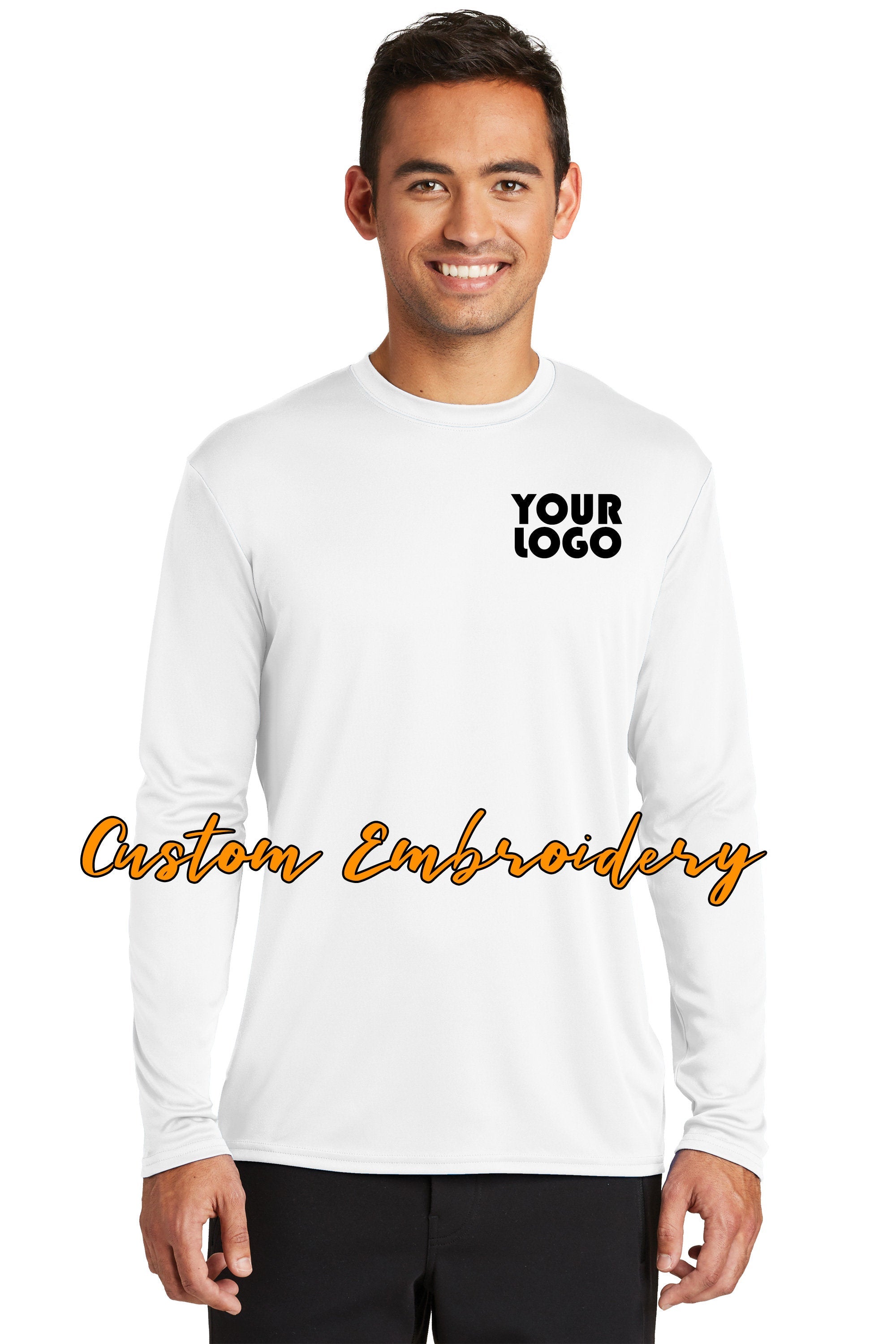 Custom Embroidered Performance Long Sleeve T-Shirt Tees - Free Logo Digitizing - Includes one 4in x 4in Embroidery - Personalize T-Shirt