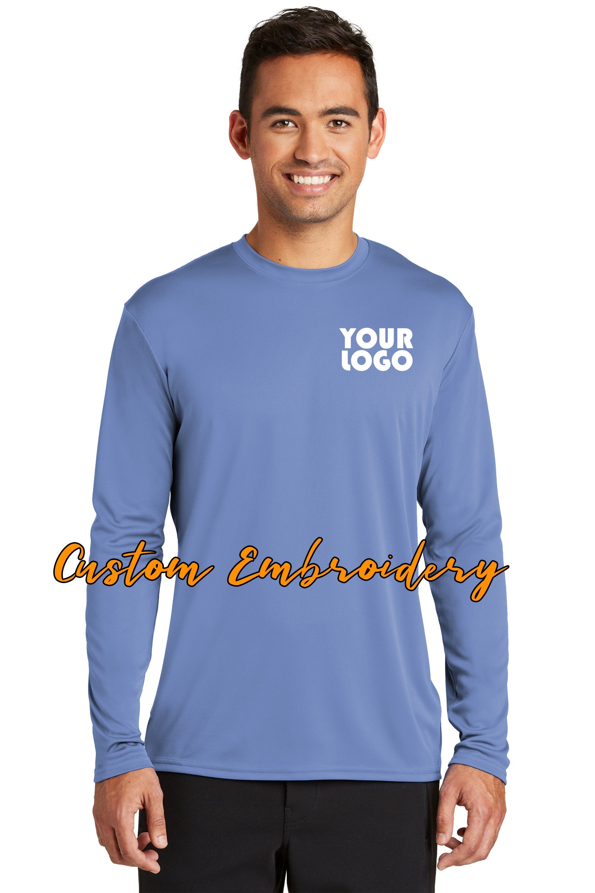 Custom Embroidered Performance Long Sleeve T-Shirt Tees - Free Logo Digitizing - Includes one 4in x 4in Embroidery - Personalize T-Shirt