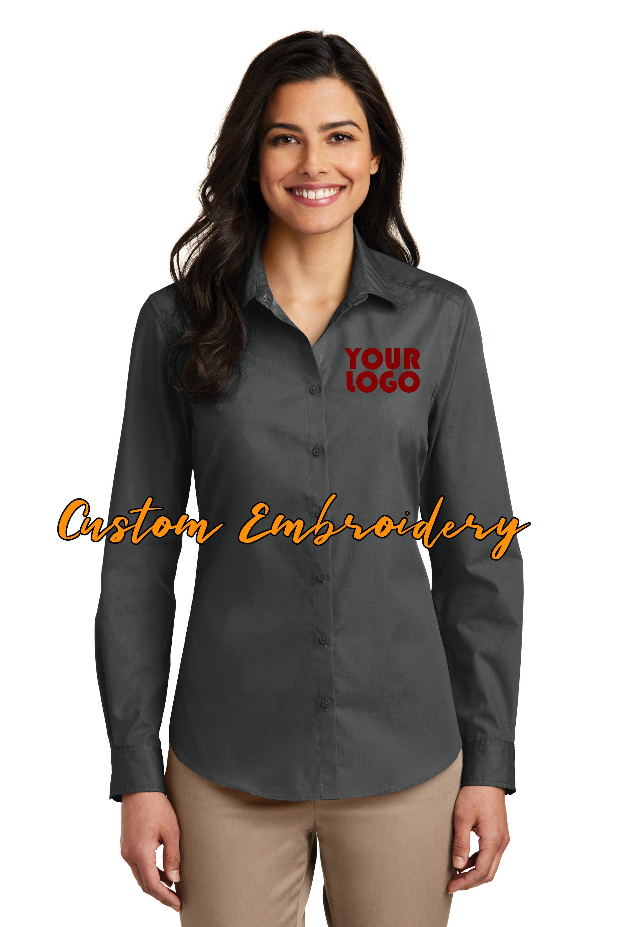 Custom Embroidery on Ladies Long Sleeve Carefree Poplin Button-Up Shir