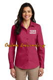 Custom Embroidery on Ladies Long Sleeve Carefree Poplin Button-Up Shirt - Includes 4in x 4in Embroidery - No Setup - Personalize Shirt