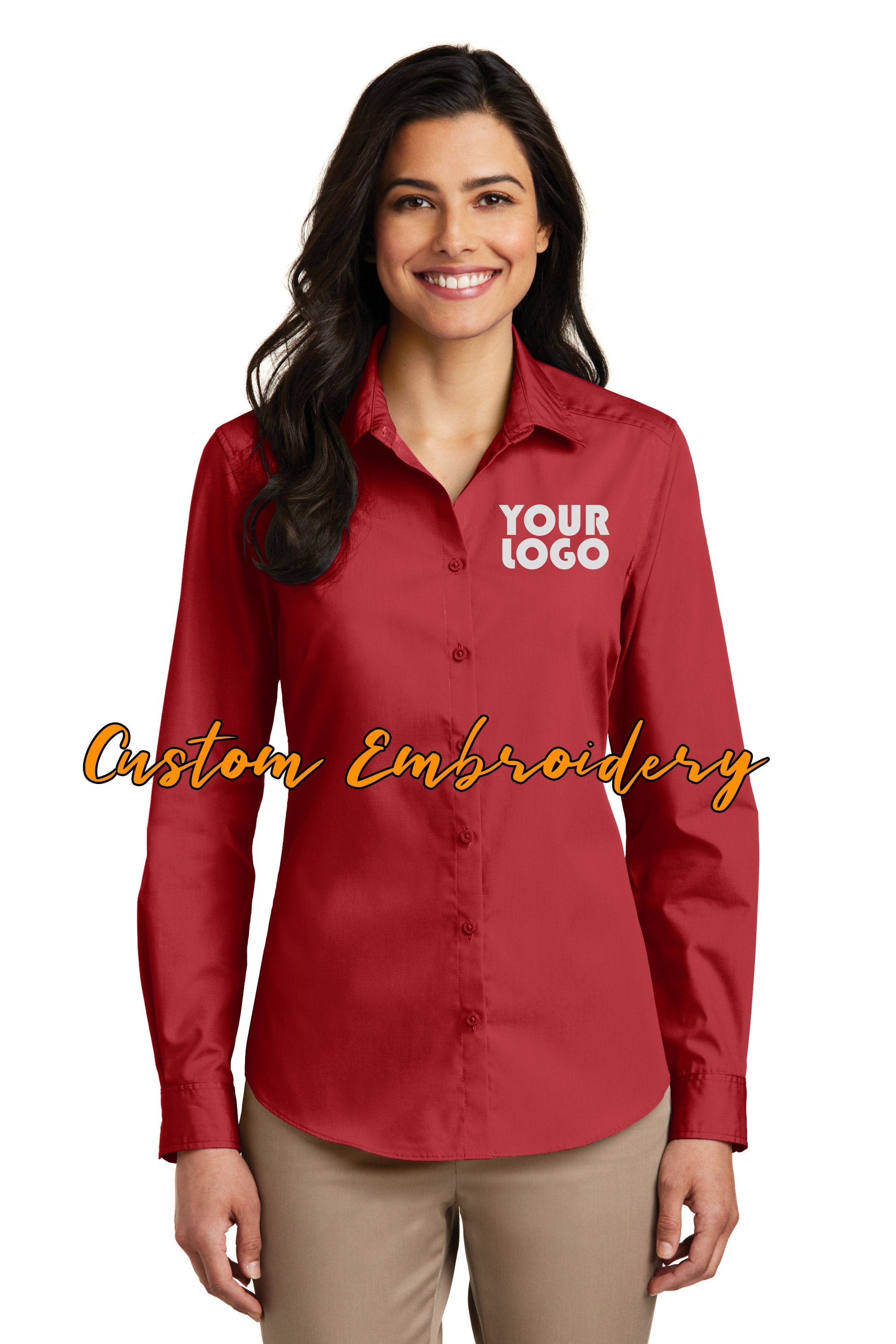 Custom Embroidery on Ladies Long Sleeve Carefree Poplin Button-Up Shir