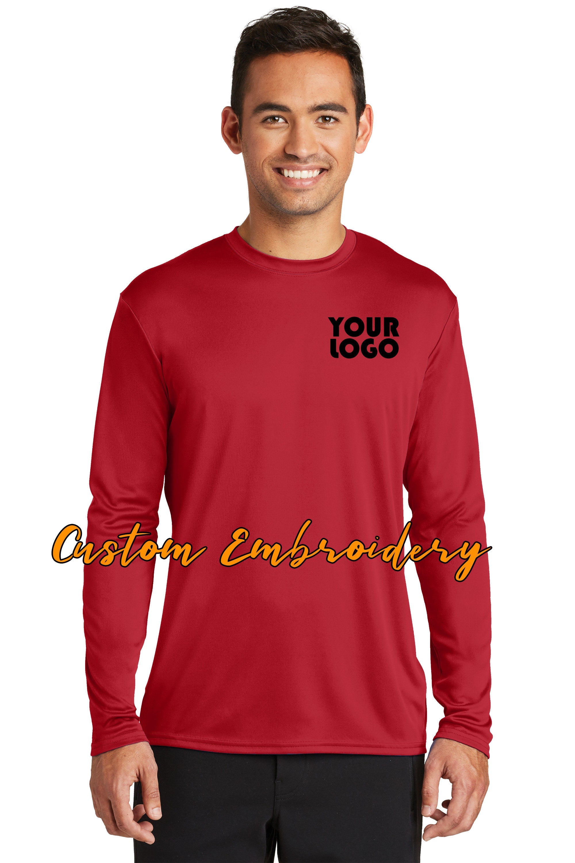 Custom Embroidered Performance Long Sleeve T-Shirt Tees - Free Logo Digitizing - Includes one 4in x 4in Embroidery - Personalize T-Shirt