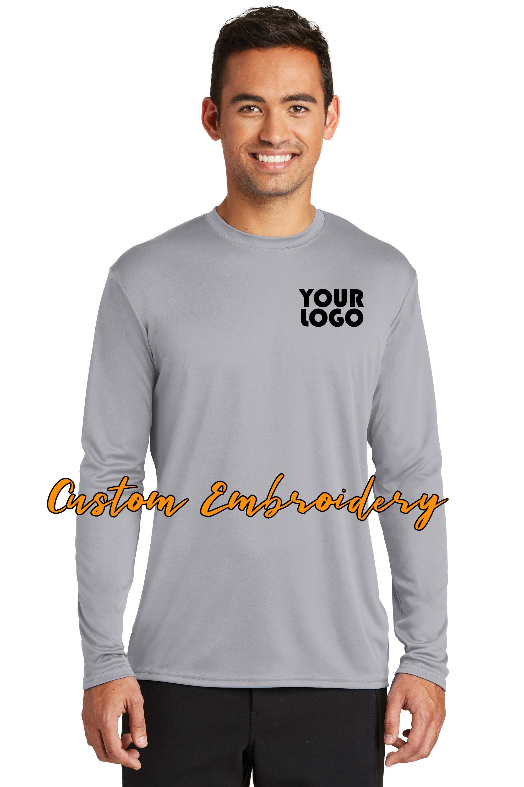 Custom Embroidered Performance Long Sleeve T-Shirt Tees - Free Logo Digitizing - Includes one 4in x 4in Embroidery - Personalize T-Shirt