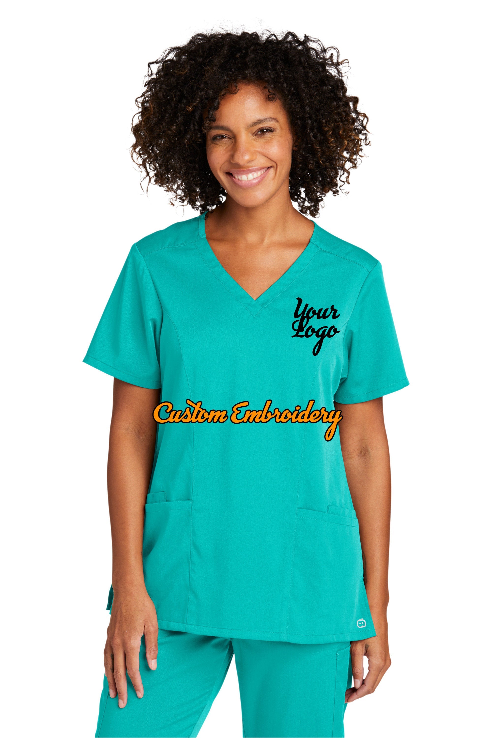 Custom Embroidery Women’s Premiere Flex V-Neck Scrub Top Medical Uniform - Includes one 4in x 4in Embroidery - Free Setup - Custom Scrub