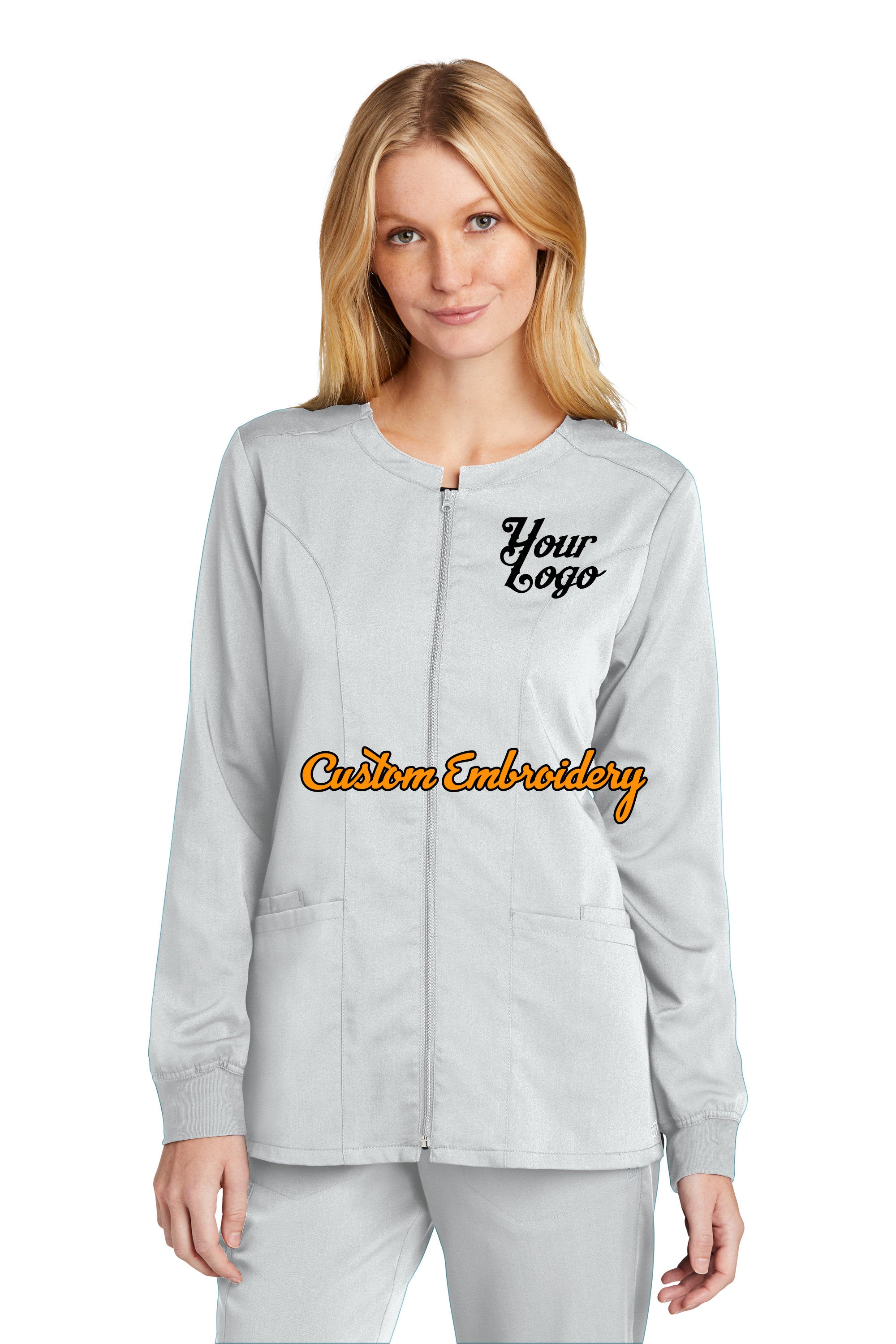 Custom Embroidery on Women's Premiere Flex Full-Zip Scrub Jacket Medical Uniform - Includes one 4in x 4in Embroidery - Free Setup